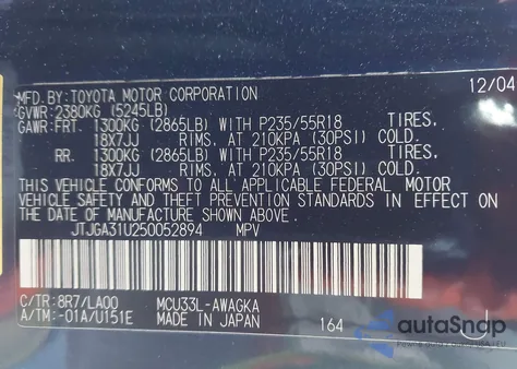 2005 Lexus Rx 330 from USA, damaged, VIN JTJGA31U250052894